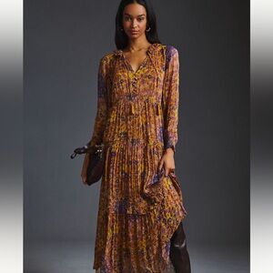 ANTHROPOLOGIE Womens Dress Gold Marais Printed Chiffon Maxi Sheer Bohemian XXSP